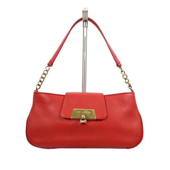 St John Logo 12 x 7 x 2.5 Red Gold Hardware Leather Evening Shoulder Purse - Picture 1 of 12